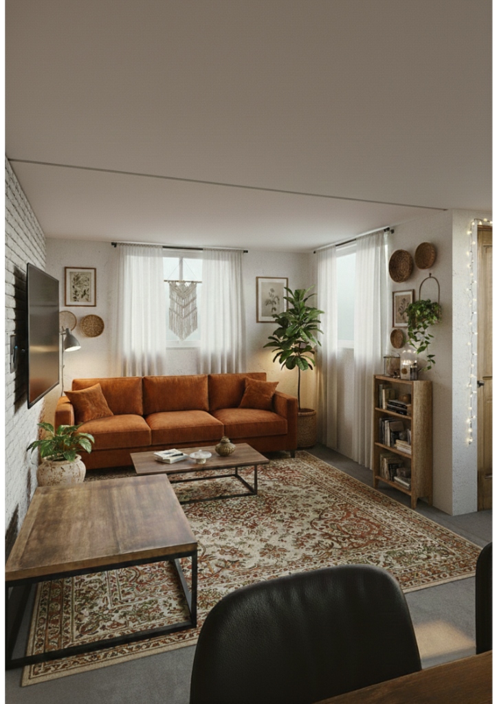 Sala de estar con sofá terracota